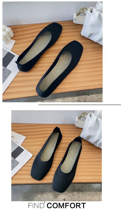 dikodumter-รองเท้าผู้หญิงนุ่มพื้นรองเท้าถัก-sepatu-slip-on-เด็กผู้หญิงสีทึบรองเท้าแฟลตหัวตัด