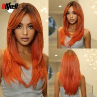 วิกผมสังเคราะห์แบบยาวสีส้มสีแดงตรง Bang Ombre วิกผมที่มีรากมืดทนความร้อนสำหรับผู้หญิงผิวดำฮาโลวีนคอสเพลย์