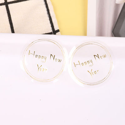 1000pcslot Lovely Bronzing Happy New Year Round Labels Clear Transparent Seals Sticker PVC Stationery Diary Deco Seal Stickers