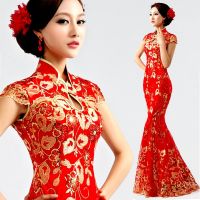 โมเดิร์นจีนชุดโบราณยาว Cheongsam สีแดง Xxxl Phoenix ขนาดพิเศษชุดแต่งงานกี่เพ้า Fishtail สีแดงลูกไม้เลื่อม