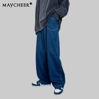 W&amp;ME กางเกงยีนส์ชาย กางเกงยีนส์ผู้ชายสีน้ำเงินเข้มกางเกงขากว้างแฟชั่นสไตล์เกาหลีกางเกงทรงตรงหลวม