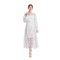 Womens Autumn New Dress Heavy-Duty Design Plain Dress Fashion Polo Collar Long Sleeve Waist-Tight Hollow Lace Dress