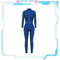 OOTD COS ภาพยนตร์ซูเปอร์ฮีโร่ฟ้า Zentai ชุดจั๊มสูทสีเครื่องแต่งกายคอสเพลย์ผู้หญิงสีน้ำเงินเข้มบอดี้สูทแบบแน่นตัวเครื่องแต่งกายวันฮาโลวีน