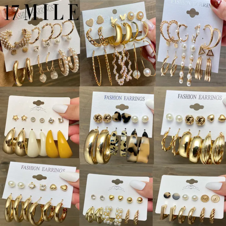 17MILE Trendy Metal Pearl Stud Earrings Set For Women Vintage Gold Color Round Hoop Earrings Set 2021Earrings Jewelry Gifts