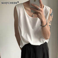 MAYCHEER   เสื้อกล้ามผู้ชายหลวมสีขาวเรียบง่ายระบายอากาศได้ดีระบายเหงื่อแขนกุดแบบลำลอง