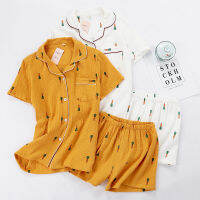 Comfort Cotton 2PC ชุดนอนฤดูร้อนผู้หญิง Turn-Down Collar ชุดนอนหญิงน่ารักการ์ตูนแครอทพิมพ์ Homewear กางเกงขาสั้น