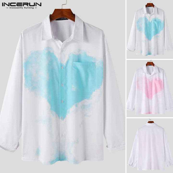 incerun-เสื้อเสื้อลายหัวใจเสื้อตัวหลวมแขนยาวร่องกระดุมเสื้อผู้ชาย-สไตล์ตะวันตก