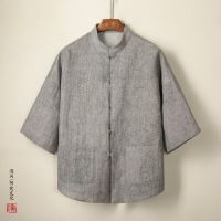 New Chinese Style Mens Cotton Linen Shirt Jacket Tang Short Sleeve Jacket Top Solid Color Traditional Kung Fu Large Size 4XL