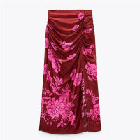 TRAF 2021 Print Midi Skirt Women Ruched Long Skirts Woman Floral High Waist Skirt Vintage Draped Skirts y Split Wrap Skirt