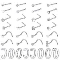 5-40pcs Surgical Steel Nose Rings Set Nose Hoops Ring Nose Studs Clean CZ I L Shaped Screw Nose Piercing Jewelry Gift 20G(0.8mm)