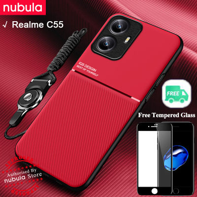 NUBULA เคส Realme C55 (6.72 "),เคสฟรีกระจกเทมเปอร์หนังอ่อนนุ่มให้ความรู้สึก Realme C55โทรศัพท์มือถือฝาหลังกันกระแทกขาตั้งสายคล้องมือชุดทำความสะอาดหน้าจอด้านหลังเคสสำหรับ Realme C55 Realme