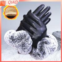 QIAO Winter Plus Velvet Windproof Waterproof Cashmere Gloves Faux Fur Gloves Touch Screen Mittens PU Leather