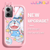 Jlingji เคสสำหรับ Xiaomi Redmi 10 5G Redmi Note 11E 5G Redmi 11 Prime 5G เคสการ์ตูน Happy Doraemon กล้องมอนสเตอร์สีสันสดใสนิ่มสำหรับเลนส์กันกระแทกแบบใสเคสมือถือป้องกันซิลิโคนเรียบง่ายปลอกความคิดสร้างสรรค์โปร่งใส