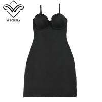 【YF】 Wechery Women Spaghetti Strap Dress Tube Sheath Stretch Slip Push Up Skinny Bodycon With Underwire Cup Black Nude Solid Color