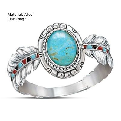 Bluelans®แหวนวินเทจสไตล์ชนเผ่าสตรี,อุปกรณ์เสริมเครื่องประดับแหวนขนนกอินทรีสีเขียวเทอร์คอยส์