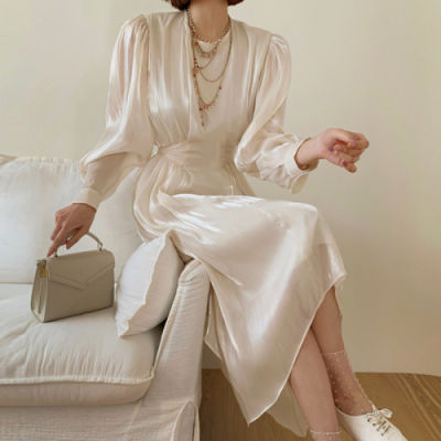 Gloss Vintage Dresses Woman Long Sleeve High Waist Clothing Woman Vestidos Spring White Chic Elegant Party Dress Female Korean