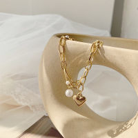 We Flower Double Layer Heart Charm Pearl Link celet for Women Korean Girls Fashion Wrist Chain