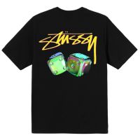 STUSSY เสื้อทีเชิ้ตสีรุ้งลายลูกเต๋า,เสื้อยืดแขนสั้นสำหรับผู้ชาย คอกลม