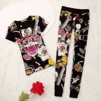 ผู้หญิง Ed Hardy Diamond พิมพ์ Rhinestone Tiger Head Skull Slim Tracksuits เสื้อยืดแขนสั้น + กางเกงยาว2ชิ้นชุด Suits