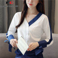 FC 2021 long-sleeved white shirt womens V-neck foreign chiffon shirt shirt top Han Fan European station leaking clavicle