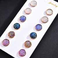 【YP】 6 Pairs / Lot Colorful Drusy Resin Stud Earrings Round Piercing for Set Fashion Jewelry