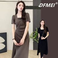 【Ready】? Square collar t-shirt dress womens summer 2023 new Hong Kong style retro style chic slit long skirt slim waist