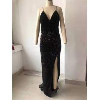 Womens Black Sequined Split High Waist Dress Sleeveless V-neck Party Dress