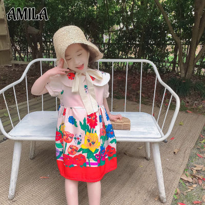 AMILA กระโปรงเด็กผู้หญิง,กระโปรงเจ้าหญิงชุดเดรสลายสตอเบอรี่แขนลอยเสื้อผ้าเด็กใหม่ฤดูร้อน