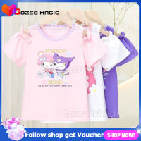 เสื้อยืดเด็กผู้หญิงลาย Kuromi Melody Sanrio เสื้อยืดเสื้อคอตตอนเปิดไหล่สำหรับเสื้อผ้าลำลองการ์ตูนอนิเมะแขนสั้น