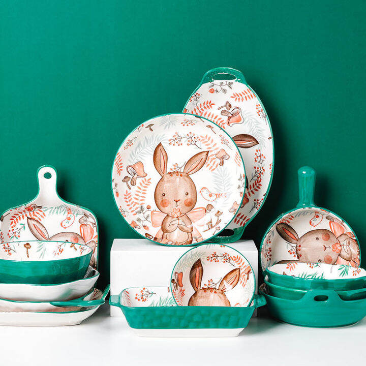 cute-rabbit-pattern-bowl-heat-resistant-nordic-style-ceramic-bakeware-plate-creative-dish-salad-pasta-dessert-bowl-set-handle