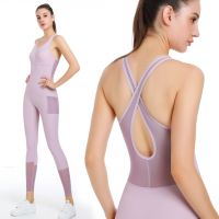 【NEW】 U-Neck With Pocket Yoga Sets Women Sleeveless Gym Clothing Sports Suit With Padded Back Strap Cross Rompers Fitness Jumpsuits