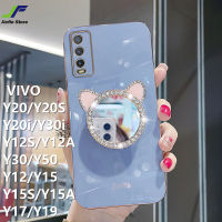 JieFie น่ารักสำหรับ VIVO Y20 / Y20S / Y12S / Y12A / Y20i / Y30 / Y50 / Y30i / Y01 / Y12 / Y15 / Y15S / Y15A / Y17 / Y19 แต่งหน้ากระจกโทรศัพท์กรณี Chrome Soft Soft TPU ฝาครอบโทรศัพท์สี่เหลี่ยมพร้อมขาตั้งโทรศัพท์