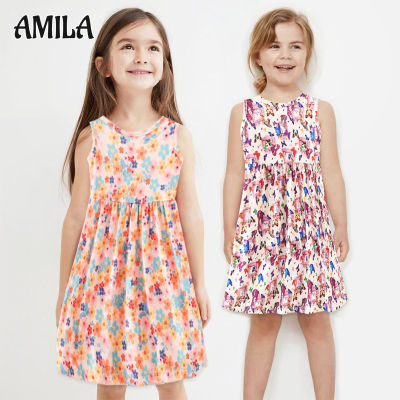 AMILA Cross-Border ผ้าน้ำนมพิมพ์ลายใหม่ขนาดกลางและสำหรับเด็กเล็กแขนชุดแขนกุดลายดอกไม้สไตล์เรียบง่าย