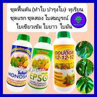 ชุด ฟื้นต้น ทำใบทุเรียน บำรุงใบ ปุ๋ยทุเรียน โมโนซ่า(น้ำตาลทางด่วน) 1L +เอปโซ (แมกนีเซียม)1 ลิตร +ปุ๋ยน้ำสูตร 12-12-12  1L ใบสมบูรณ์ ใบเขียว ใบมัน