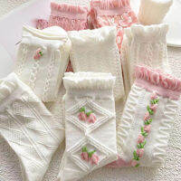 5คู่ JK Lolita ดอกไม้พิมพ์ผู้หญิงกลางถุงเท้าหวาน Frilly Ruffle ถุงเท้ายาวสีขาวฤดูใบไม้ผลิฤดูร้อนสาวเจ้าหญิง Sox