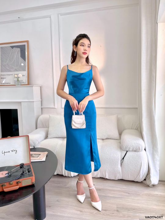 Đầm lụa 2 dây cổ đổ Luala có tăng đơ điều chỉnh dáng dài qua gối váy chất  liệu satin mềm mịn xẻ tà phong cách Hàn Quốc  Shopee Việt Nam
