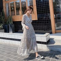 COD DSFERTGERRYYY Korean Chiffon Butterfly Sleeve Flower Color High Waist Over the Knee Long Dress