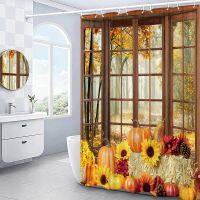 Caryfp Autumn Shower Curtain Outside Window Landscape Fall Thanksgiving Maple Pumpkin Decor Sunflower Harvest Day Fabric Bath