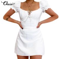 【On Clearance】CELMIA Summer Women Puff Sleeve Square Collar Party Casual Mini Dress