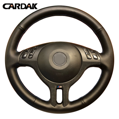 CARDAK Hand-Stitched Black Artificial Leather Car Steering Wheel Cover for BMW E46 325i X5 E53 E39