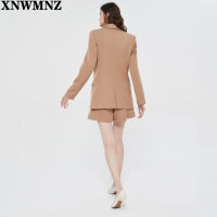 Za women buttoned blazer Long sleeve blazer lapel collar defined shoulders flap pockets vent double-breasted metal button camel