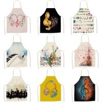 ✑✒✽ Cartoon Apron Musical Note Pattern Kitchen Aprons for Woman Man Dinner Party Cooking Cotton Linen Bibs Cleaning Tools