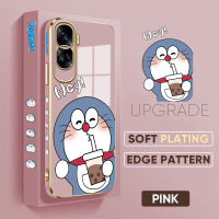 เคส PMP สำหรับ Honor 90 5G 90 Lite 5G ฟรีสายคล้องการ์ตูนน่ารัก Doraemn ลายขอบสี่เหลี่ยมชุบเคสโทรศัพท์หรูหราชุบเคสโทรศัพท์นิ่ม