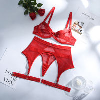 European and American Hot Product Fashion Lace Mesh Cross Strap Garter Belt Three-piece Suit Sexy Underwear Women Lingerie Sets