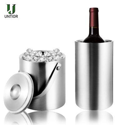 UNTIOR 1.3L3L Stainless Steel Ice Bucket Portable Double Wall Insulated Bucket with Lid Wine Barrel Champagne Cooler Bar Tools