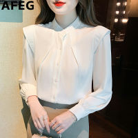 AFEG เสื้อแขนยาวผ้าชีฟองสำหรับผู้หญิง,เสื้อเบลาส์แขนยาวผ้าชีฟองทรงหลวมสำหรับคอตั้งฉบับภาษาเกาหลีสีทึบ