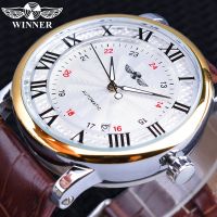 ZZOOI Winner 2019 Fashion White Golden Clock Date Display Brown Leather Belt Mechanical Automatic Watches for Men Top Brand Luxury