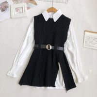 2021Woherb 2021 Korean Spring Autumn Women Knitted Sweater Vest + White Blouse Casual Belt Suit Two Pieces Set Office Lady Outfits