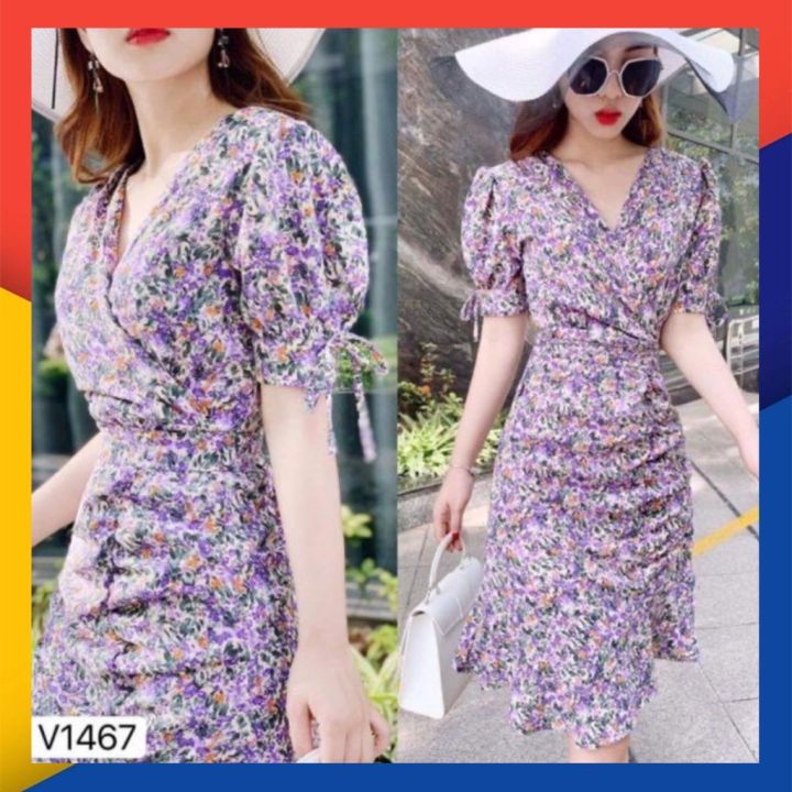 Đầm ôm body hoa tay phồng rút eo đuôi cá màu tím siêu cưng | Lazada.vn