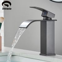 Shinesia Waterfall Basin Sink Faucet Black Faucets Brass Bath Faucet Hot Cold Water Mixer Vanity Tap Deck Mounted Washbasin Taps